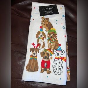 TAHARI Christmas Kitchen Towels Set 2 Puppy Dogs & 1 Red 18 X 28 NWT Holiday